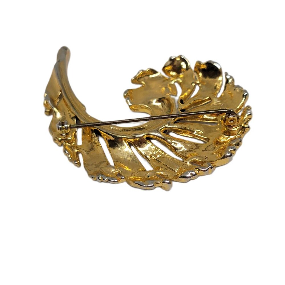 VTG Feather Brooch Gold Tone Rhinestone Black Enamel High End 2in x 2in - Picture 4 of 9